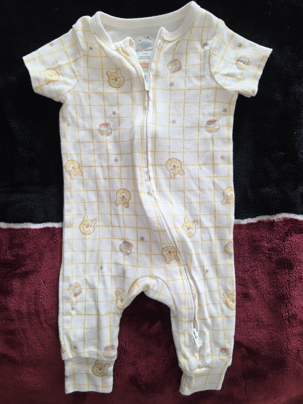 Baby Zip-Front One-Piece in Soft Yellow Grid Pooh